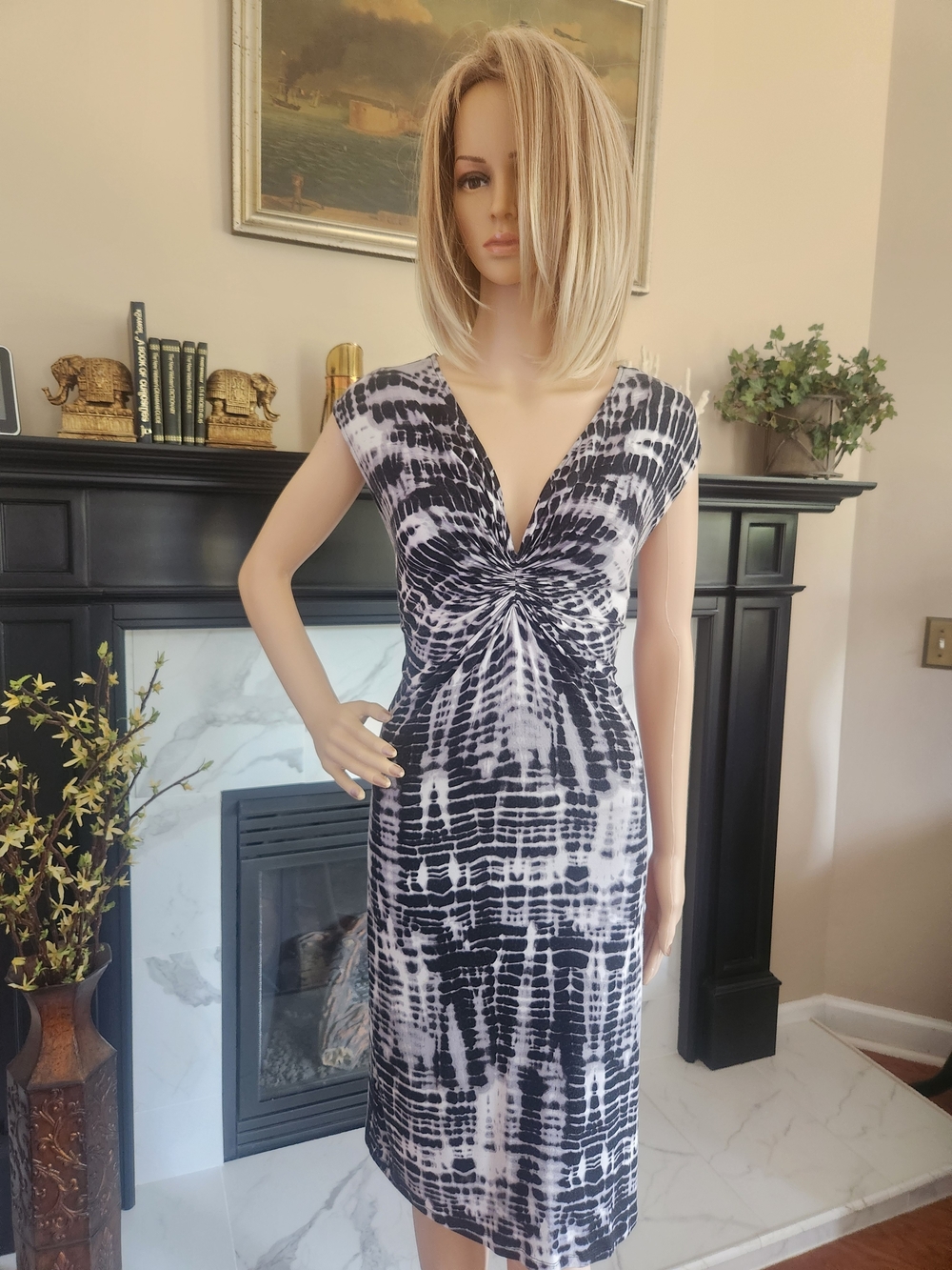 Michael Kors Black & White Tie-Dye Knot-Front Dress
